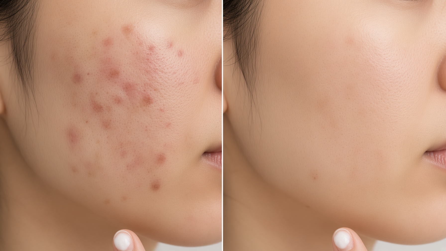 Before and after comparison of acne-prone skin with active breakouts and post-acne marks versus clear skin after 12 weeks of Differin Adapalene Gel use