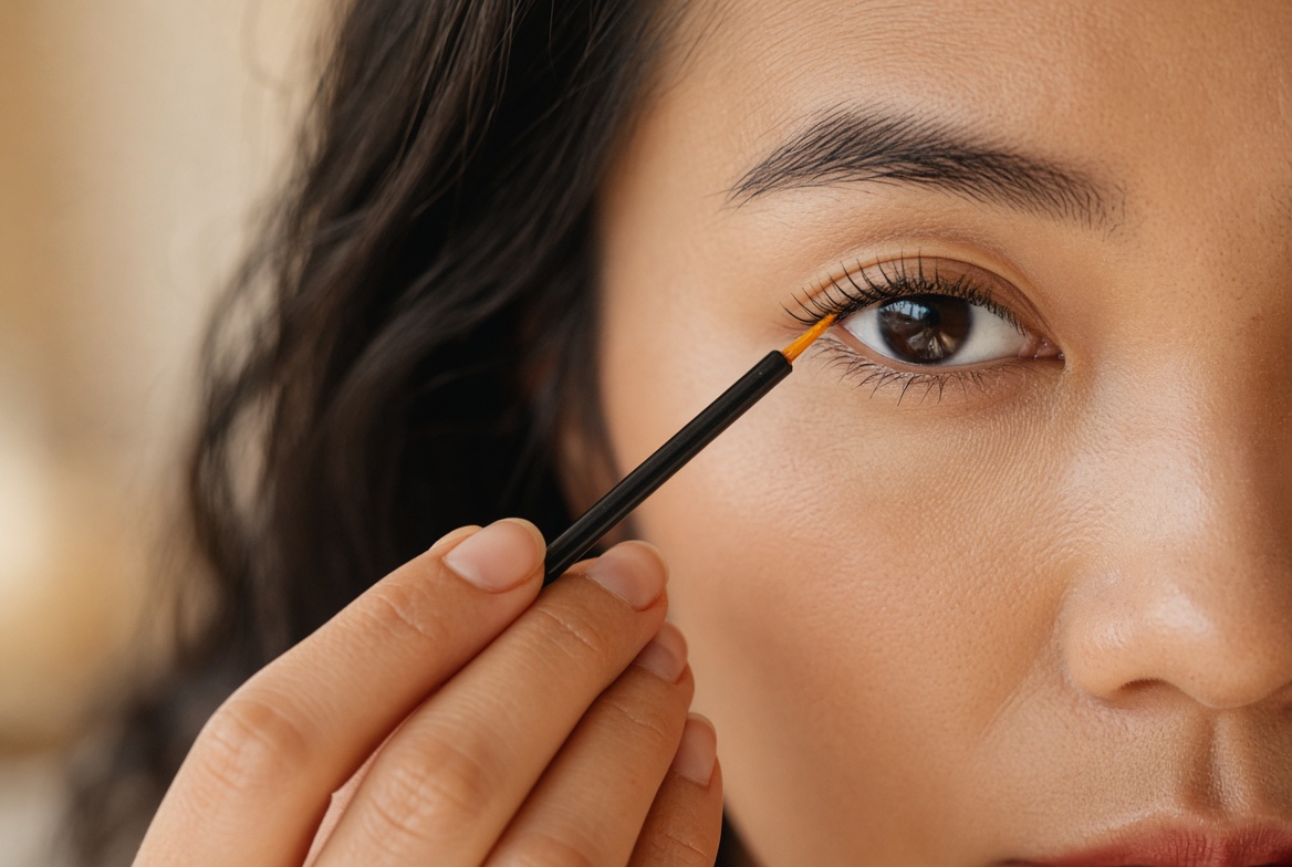 Applying GrandeLASH-MD Lash Serum with a single stroke along the upper lash line like liquid eyeliner