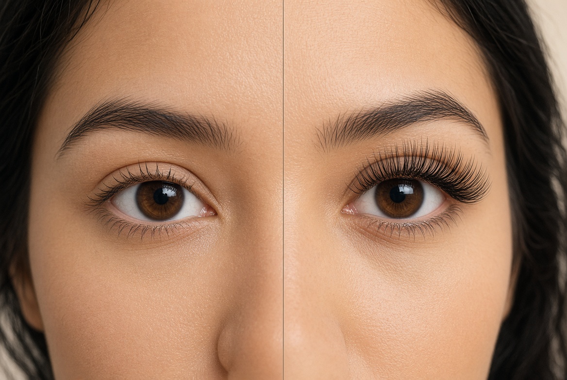 Before and after close-up comparison of natural sparse lashes and visibly longer fuller lashes after 6 weeks of GrandeLASH-MD use
