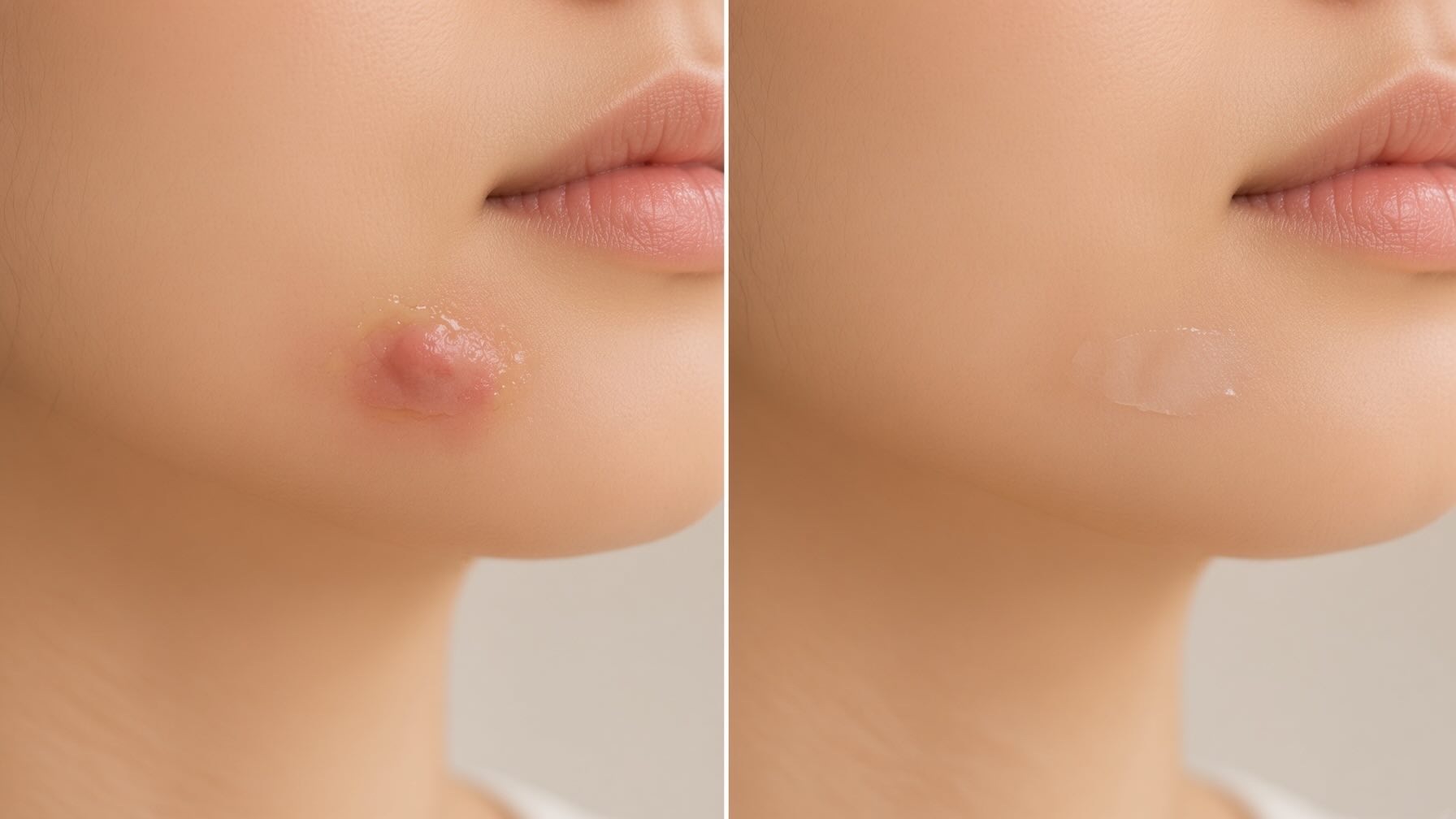 Before and after comparison showing a surface whitehead blemish and the visibly flattened healed skin after one overnight Mighty Patch use