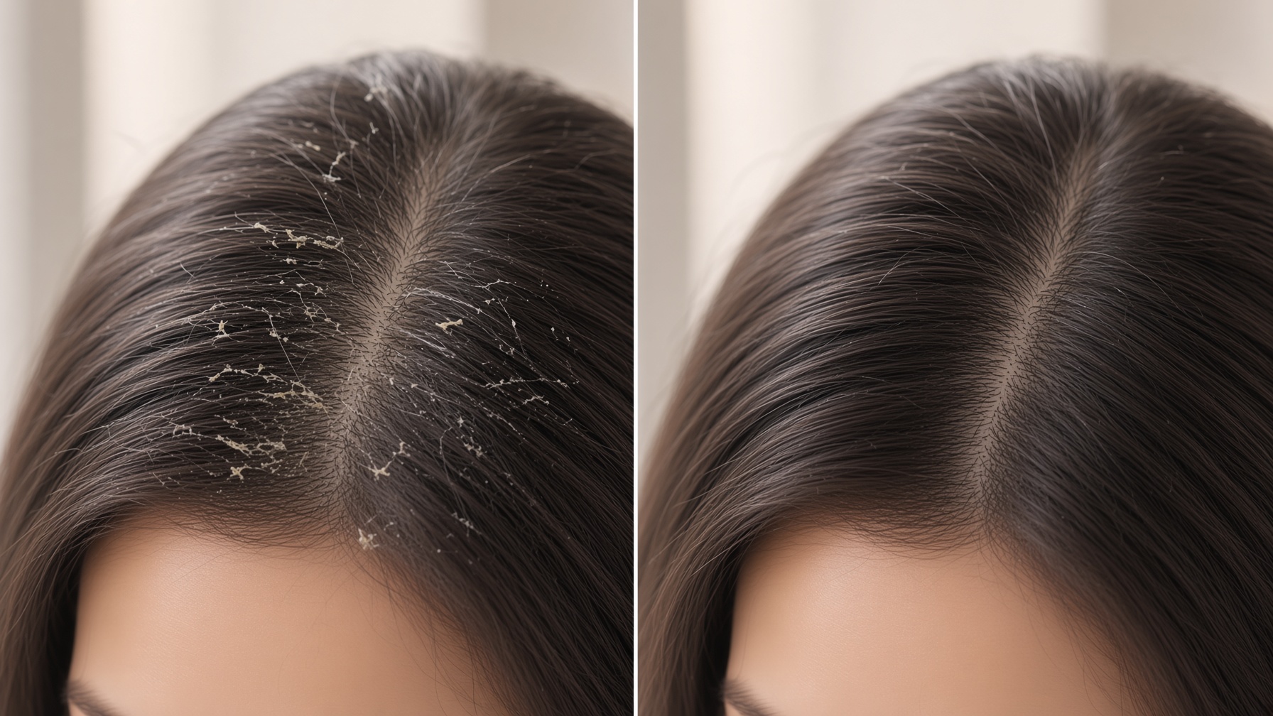 Before and after comparison of a flaky dandruff-affected scalp and a clear healthy scalp after 4 weeks of Nizoral Anti-Dandruff Shampoo use