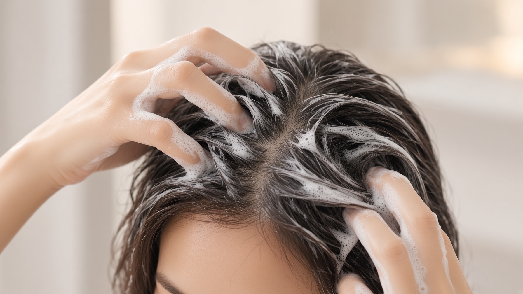 Applying Nizoral Anti-Dandruff Shampoo to the scalp with fingertips during a twice-weekly treatment