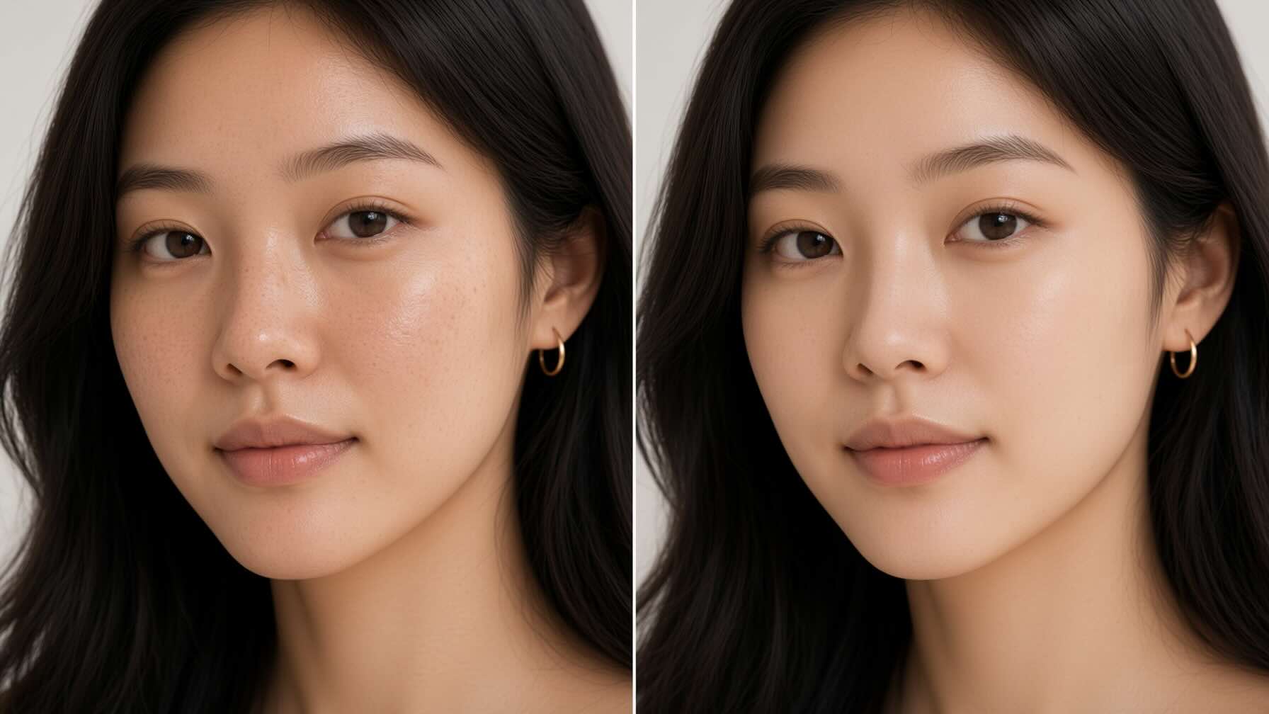 Before and after comparison of enlarged pores and oily skin versus visibly refined pores and controlled sebum after 6 weeks of The Ordinary Niacinamide 10% use