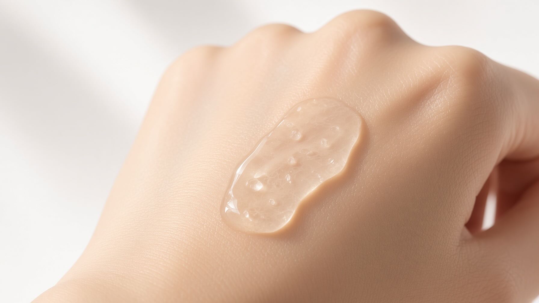The Ordinary Niacinamide 10% + Zinc 1% lightweight gel texture on the back of a hand showing the clear serum