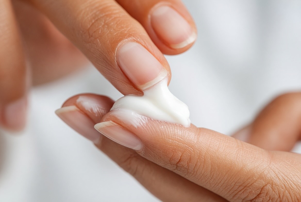 CeraVe Moisturizing Cream rich cream texture on fingertips showing the thick but non-greasy formula