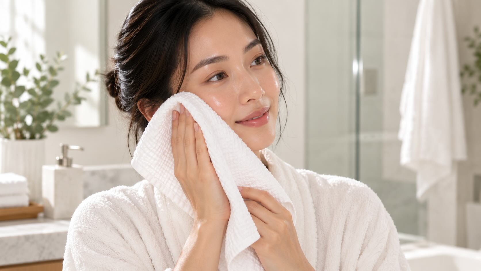 Using a Clean Skin Club Clean Towels XL to gently pat dry a freshly cleansed face after double cleansing