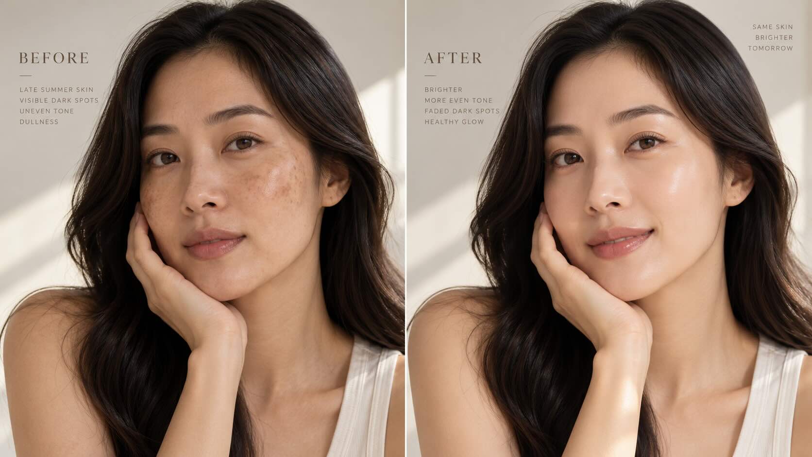 Before and after comparison showing summer-damaged skin with uneven tone and dark spots versus clear bright even-toned skin after 8 weeks of Goodal Green Tangerine Vita C Serum use