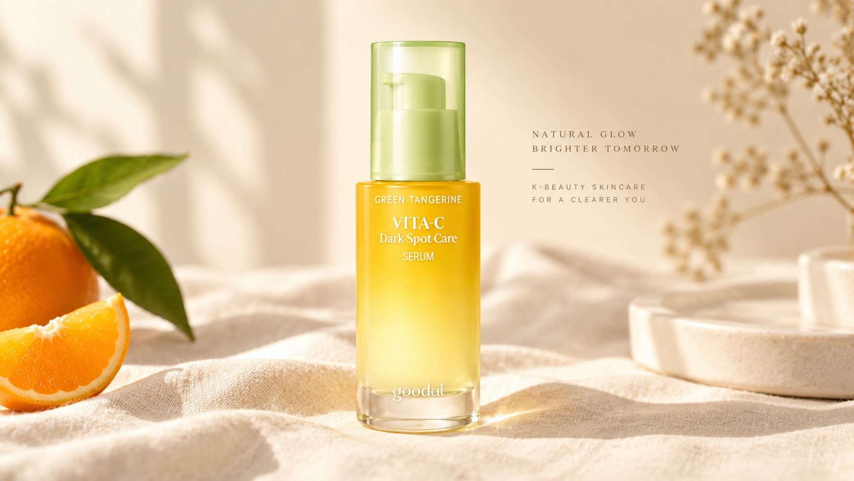 Goodal Green Tangerine Vita C Serum orange bottle on neutral cream background with autumn leaf accent