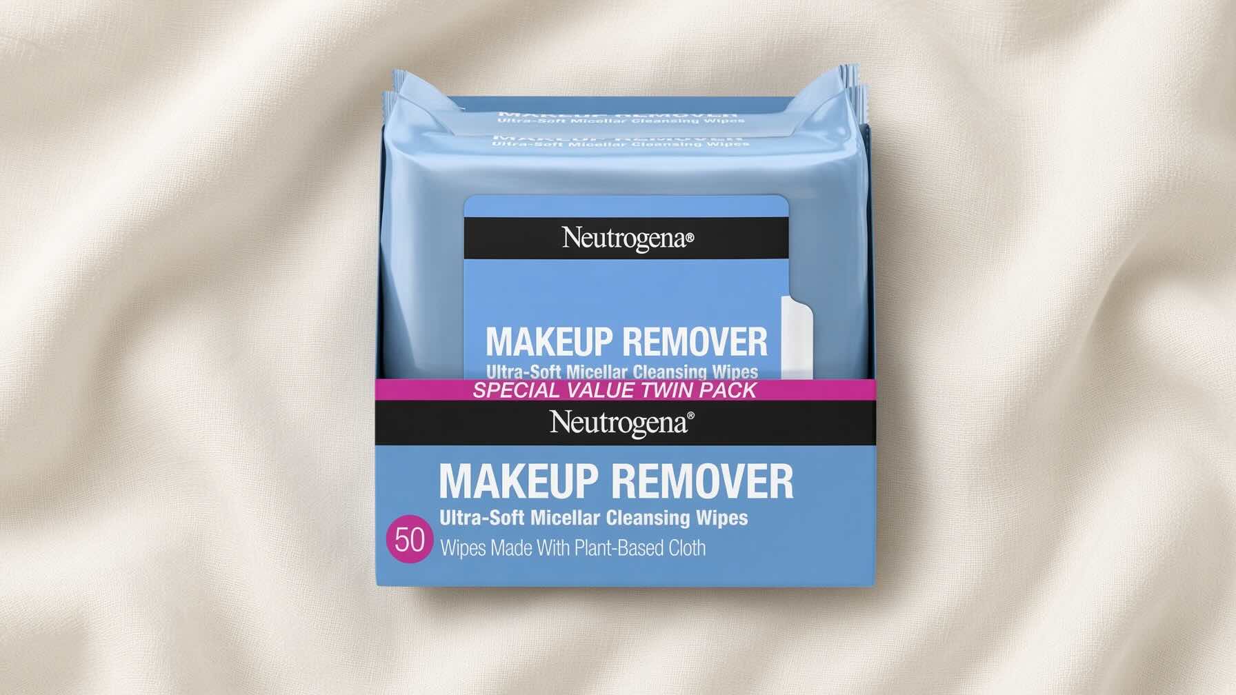 Neutrogena Makeup Remover Cleansing Towelettes pink pack on neutral cream background