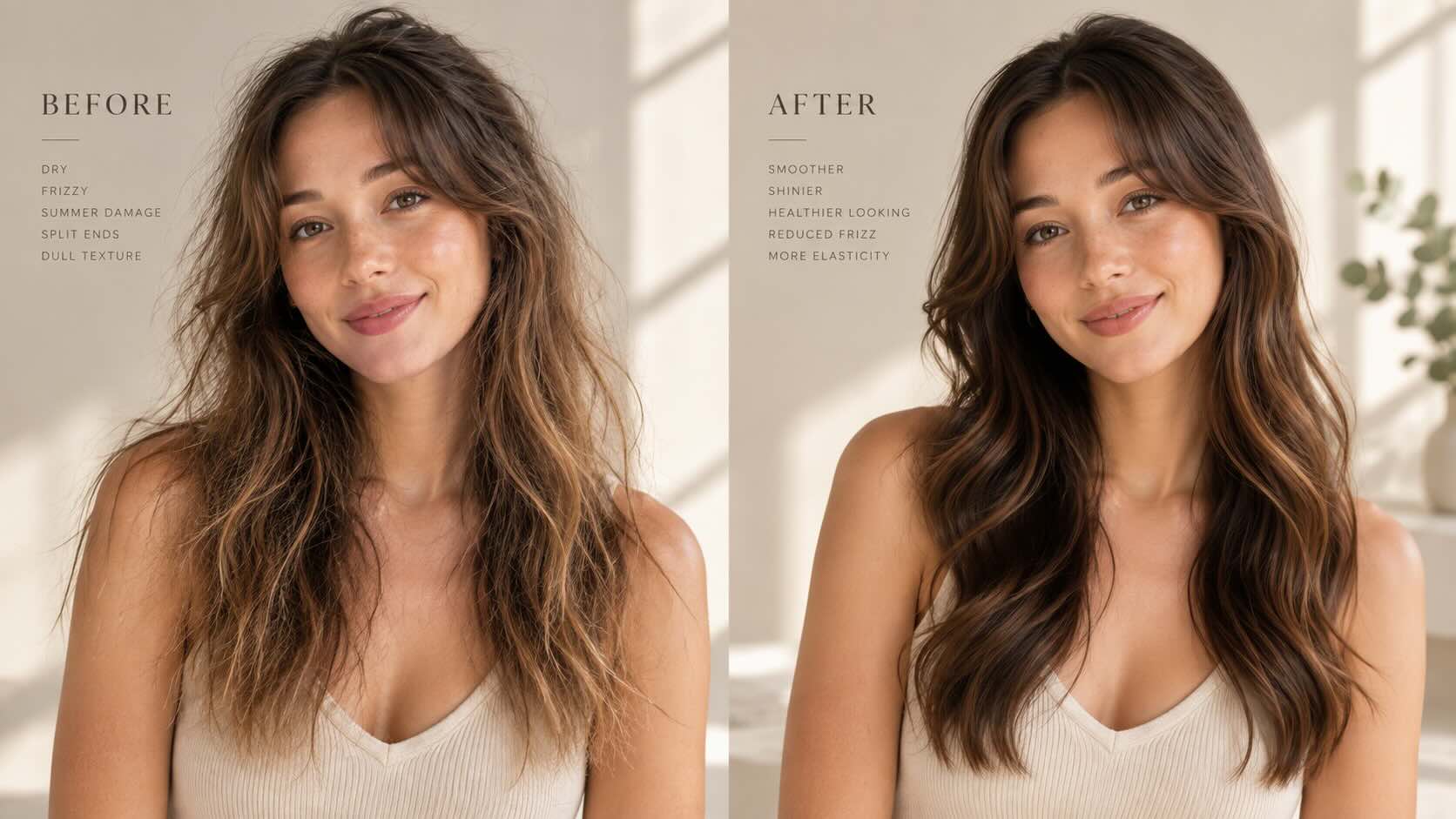 Before and after comparison of summer-damaged straw-like hair and restored healthy shiny hair after 4 weekly Olaplex No.3 sessions