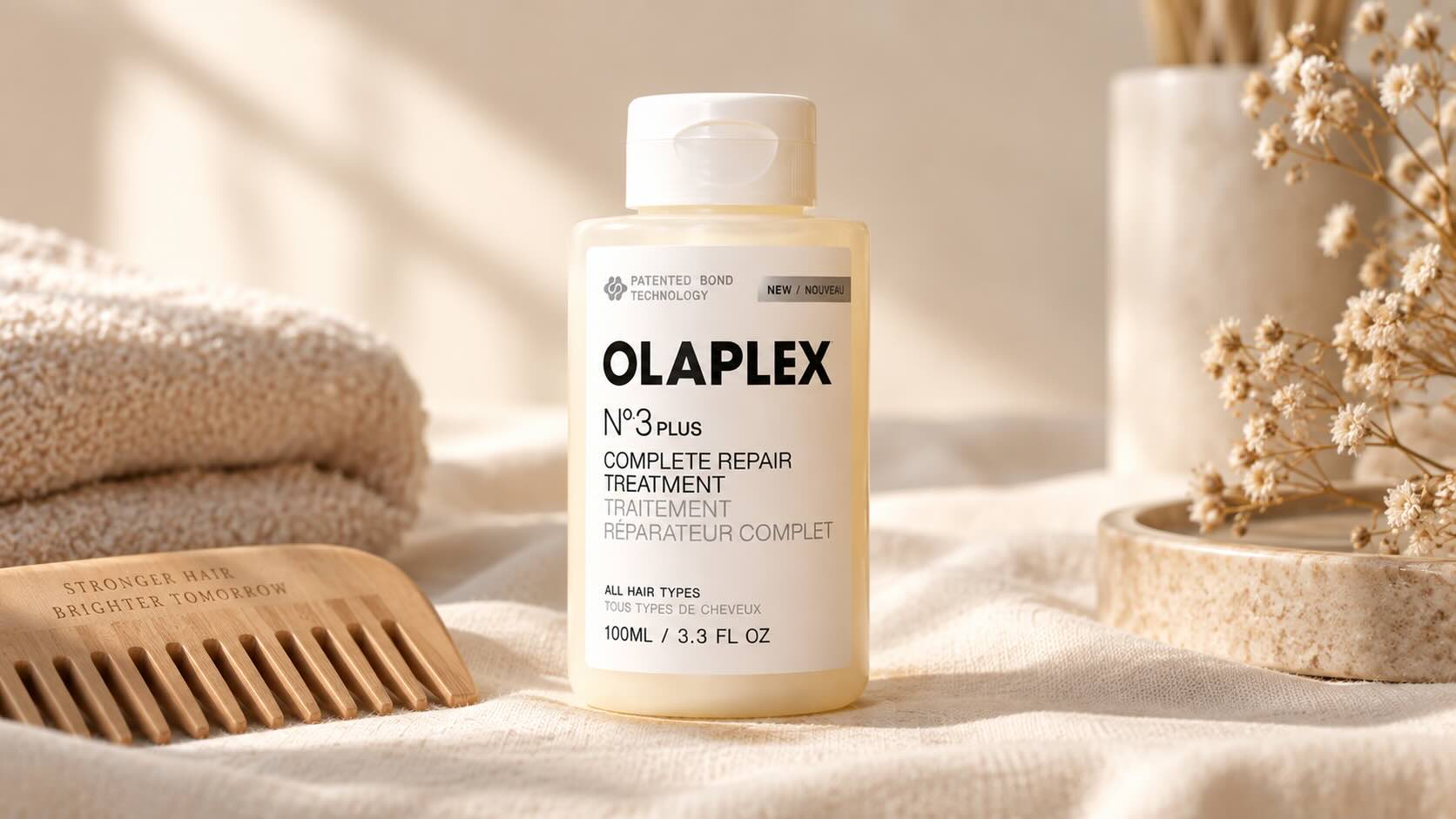 Olaplex No.3 Hair Perfector orange bottle on neutral cream background with minimal styling