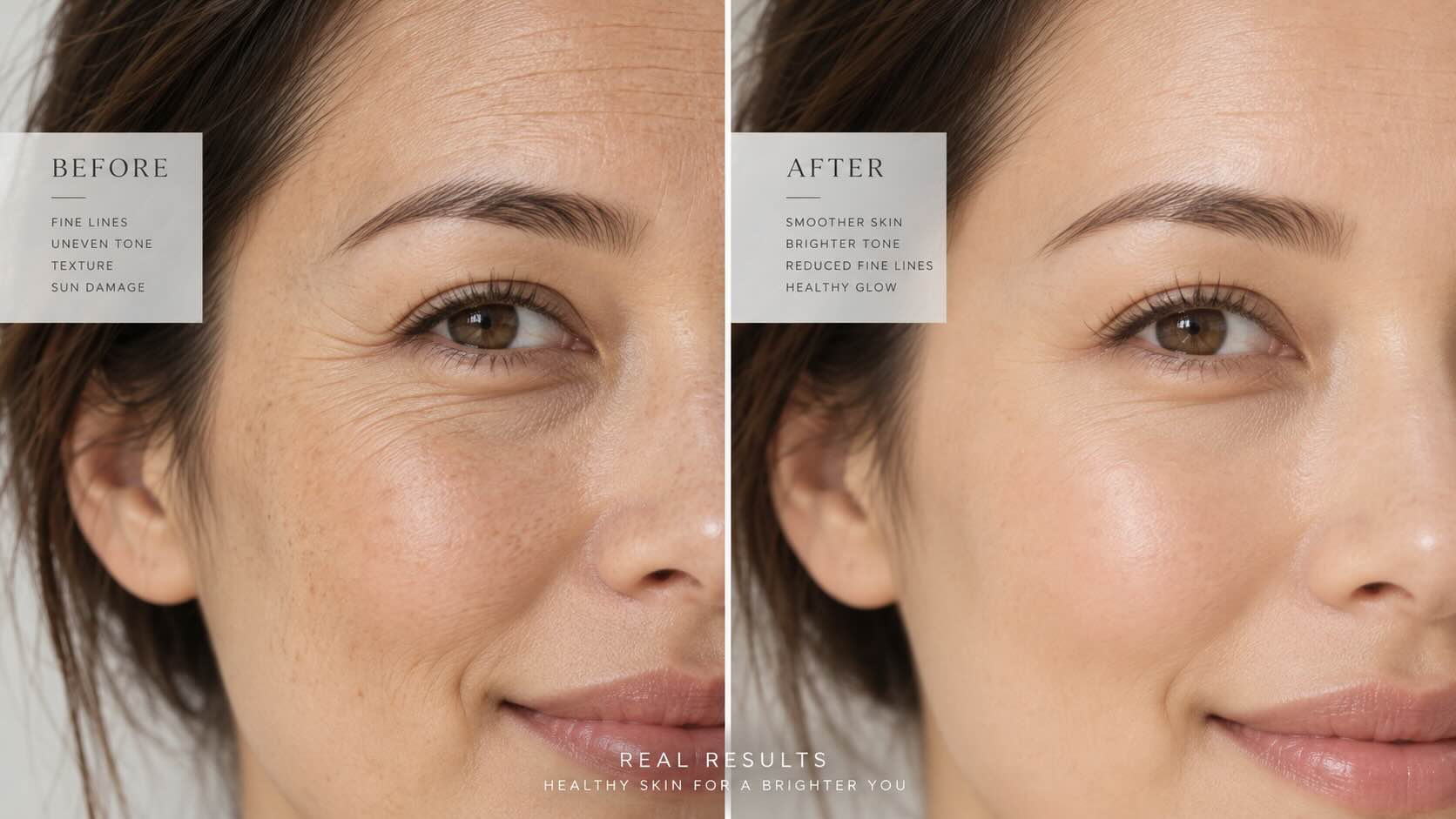 Before and after comparison of skin with visible fine lines and uneven texture versus smoother more even skin after 10 weeks of RoC Retinol Correxion Serum use