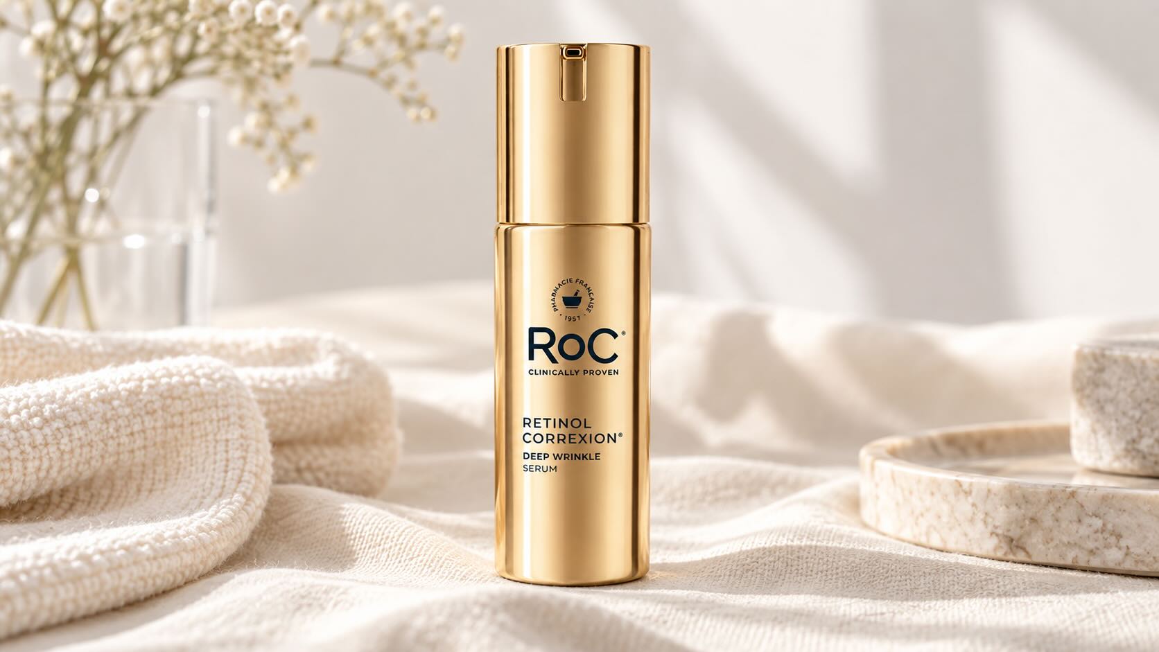 RoC Retinol Correxion Line Smoothing Serum packaging on neutral cream background with minimal clinical styling