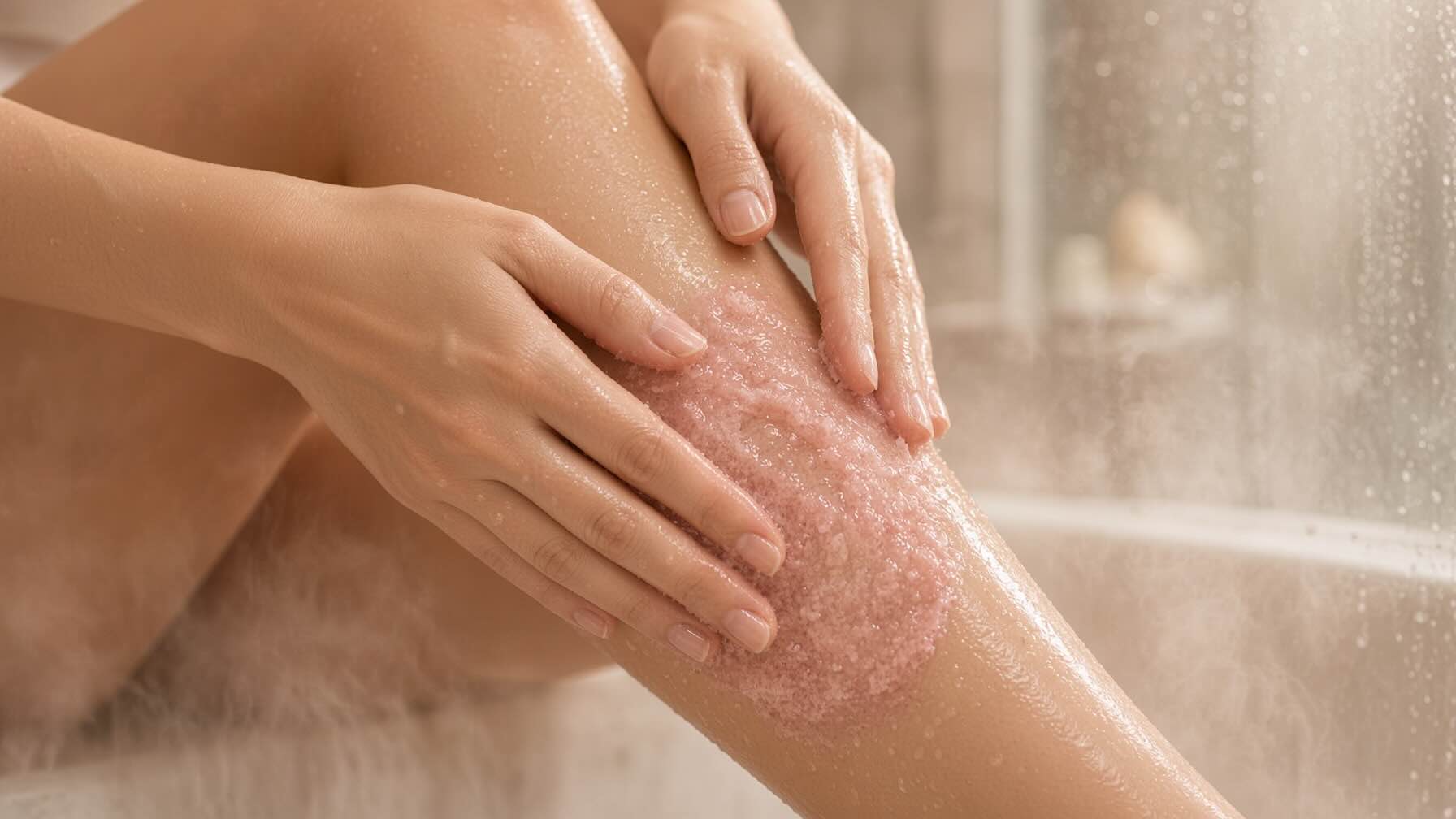 Applying Tree Hut Shea Sugar Body Scrub to damp skin on the leg in circular motions during a shower routine