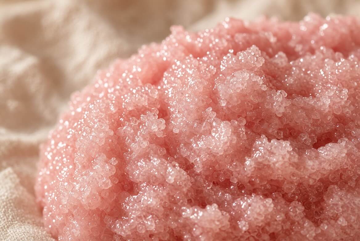Tree Hut Shea Sugar Body Scrub Moroccan Rose texture close-up showing the sugar crystals and pink shea butter formula