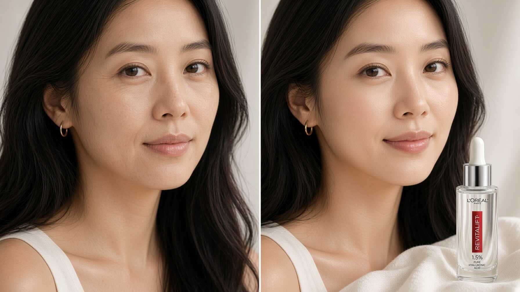 Before and after comparison of dehydrated skin with visible fine lines and tight texture versus plumped hydrated skin after 8 weeks of L'Oréal Revitalift Hyaluronic Acid Serum use