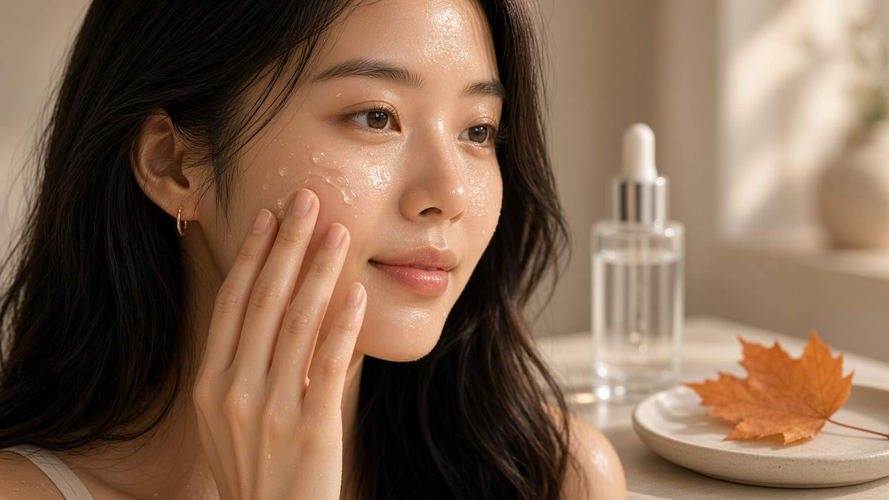 Applying L'Oréal Revitalift Hyaluronic Acid Serum to damp skin after cleansing before moisturizer in fall skincare routine