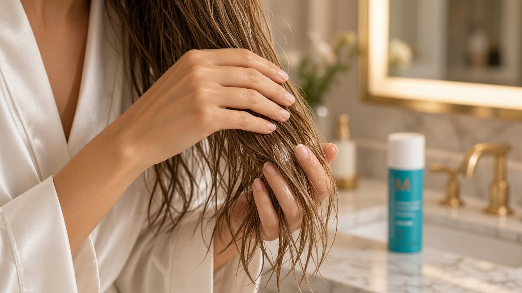 Applying Moroccanoil Treatment Original to damp hair mid-lengths and ends before blow drying in fall