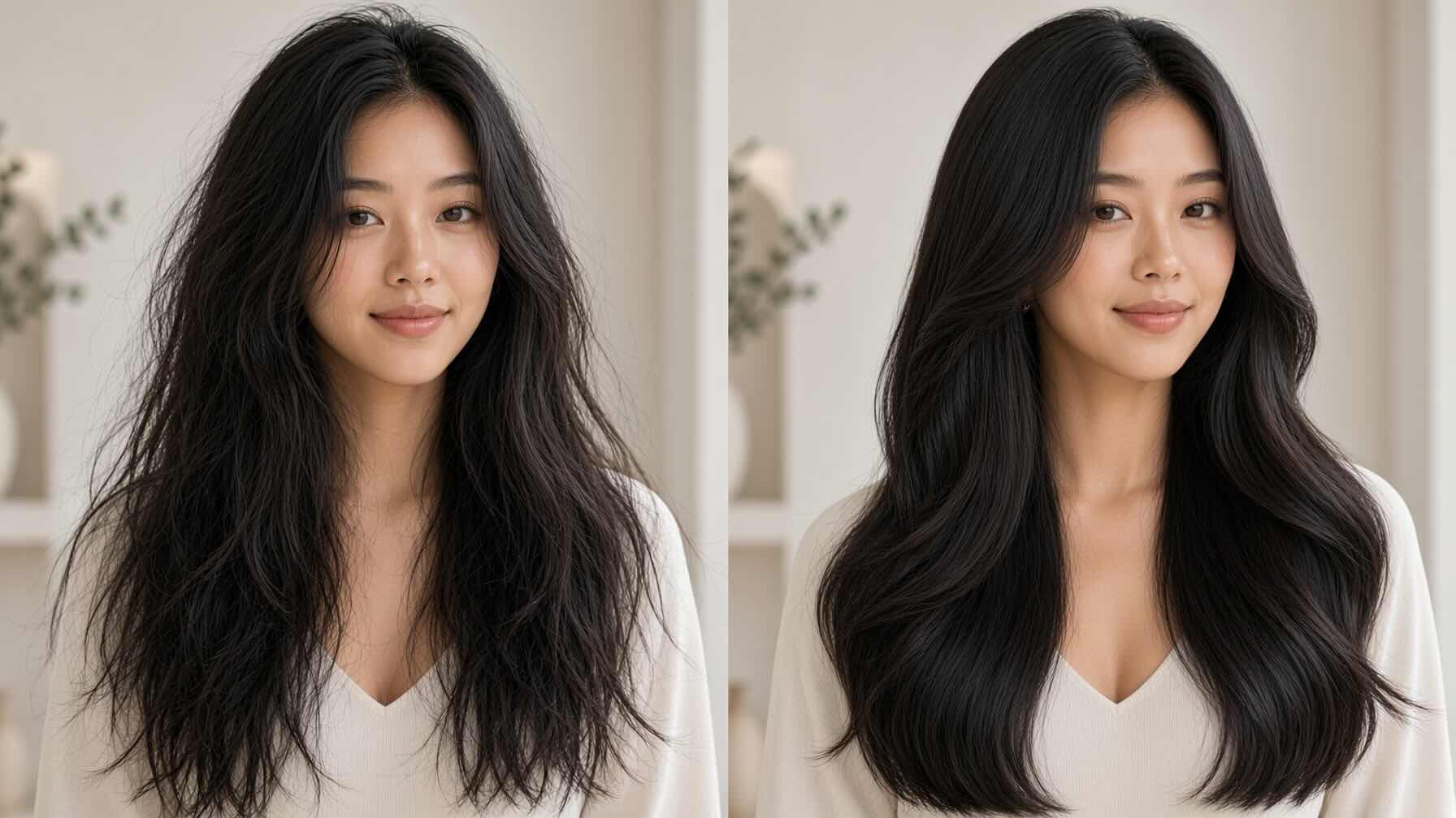 Before and after comparison of frizzy dull fall hair and sleek shiny smooth hair after 6 weeks of daily Moroccanoil Treatment Original use